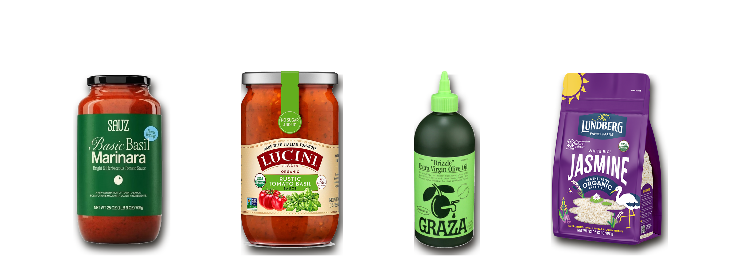 Iara's pantry picks featuring olive oil, tomato basil marinara, and crushed tomatoes